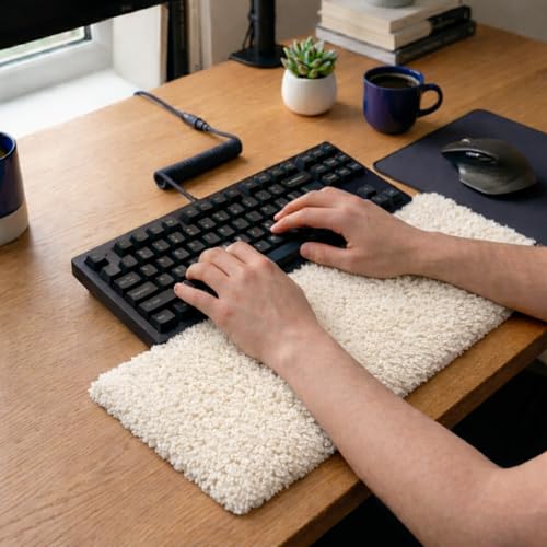 Image of Soft Plush Keyboard Carpet Wrist Rest Pad - Fluffy Ergonomic Wrist Support & Desk Nap Pillow for Computer, Laptop, Office Work & Gaming - Fuzzy Shag Desk Rug Cushion (45 x 15 cm) - Ivory