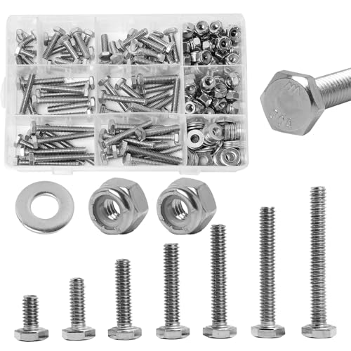 Image of 1 /4-20 Hex Bolts Screws Nylon Insert Lock Nuts Flat Washers Kit, Stainless Steel 304, Fully Threaded Hex Bolt 1 /4-20 x 1 /2 inch 3 /4 inch 1 inch 1-1 /4 inch 1-1 /2 inch 1-3 /4 inch 2 inch Length