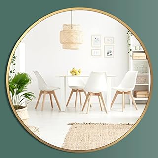 Barnyard Designs 76cm Large Round Gold Metal Wall Hanging Mirror, Decorative Vintage Circle Mirror, Rustic Wall Decoration for Bathroom, Vanity or Home Decor