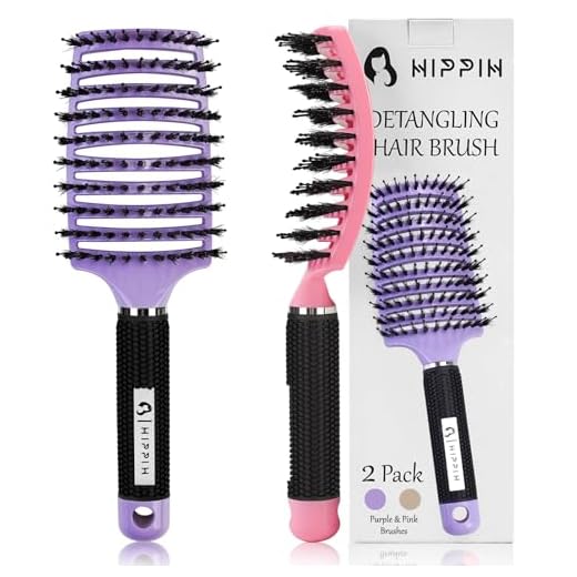 Boar Bristle Hair Brush Set of 2, HIPPIH Wet & Dry Hair Brushes Made by Fine Natural Boar Hair Can Adds Shine and Smoothing Hair, Detangling Hairbrush for Women, Men & Kids' Long Curly Thick Hair