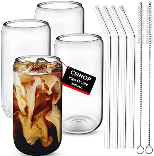 4pcs Set Drinking Glasses With Bamboo Lid And Glass Straw - 16oz Can Shaped Drinking Glass Set, Iced Coffee Mug, Cute Tumbler Cup, Whiskey, Water- Gift Best Choice - 2 Cleaning Brushes (No cover)
