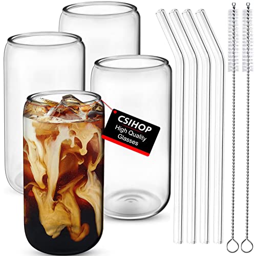 4Pcs Set Drinking Glasses With Bamboo Lid And Glass Straw - 16Oz Can Shaped Drinking Glass Set, Iced Coffee Mug, Cute Tumbler Cup, Whiskey, Water- Gift Best Choice - 2 Cleaning Brushes (No Cover) #TOP2