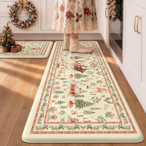 KIMODE Christmas Kitchen Mats for Floor Cushioned Anti Fatigue Rugs 2PCS