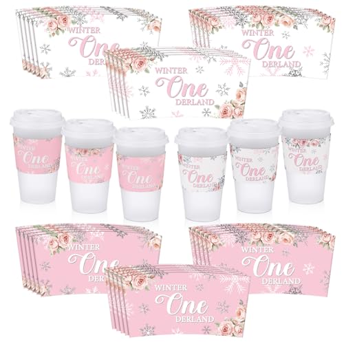Lincia 30 Pcs Winter Onederland 1st Birthday Girl Pink Coffee Cup Sleeves Disposable Winter Onederland Birthday Decorations Party Supplies Baby Shower Decoration for Girl