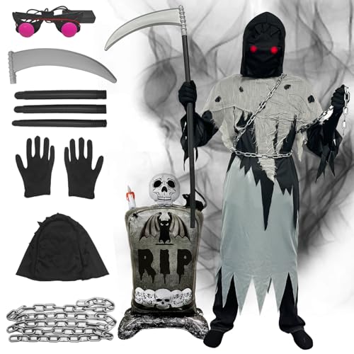 Sensenmann Kostüm Set, Halloween Sense Maske Kette Handschuhe, Halloween Kostüm Kinder Gruselige Grim Reaper Tod Geisterkostüm...
