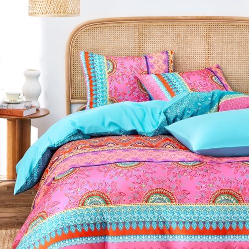 Image of Wake In Cloud - Boho Comforter Set, Bohemian Chic Colorful Medallion with Geometric Botanical Flowers and Horizontal Stripes, Soft Lightweight Bedding, 3 Pieces, Pink Teal, Queen Size