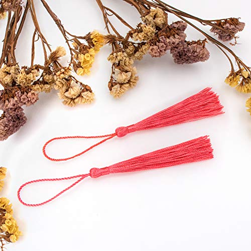 Image of VAPKER 100 Pieces Light Coral Color 13cm /5-Inch Silky Handmade Soft Tassels Floss Bookmark Tassels with 2-Inch Cord Loop for Jewelry Making, DIY Projects, Bookmarks