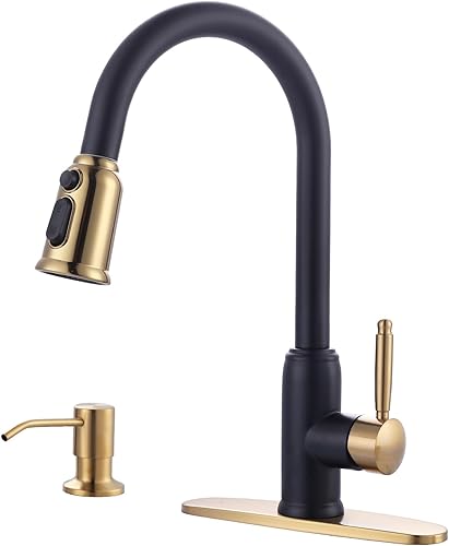 WOWOW - Grifo de cocina negro y dorado con dispensador de jabón, grifo de cocina de acero inoxidable para fregadero de 2 o 4 agujeros, grifo de