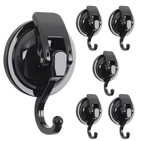 MaxEarn 6Pcs Suction Hooks, Black Extra Strong Vacuum Suction Cup Hooks, No Drilling Heavy Duty Wall Hook Loadable 5kg for Bathroom Kitchen Smooth Window Wall Glass