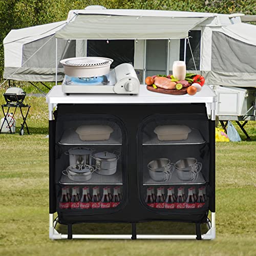Vevor Camp Kitchen Table Storage, Outdoor Aluminum Portable Folding Cook Station With Organizer & Carrying Bag Quick Set-Up For Bbq, Party, Backyards, Rv Traveling, Black #TOP7