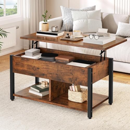 DWVO Lift Top Coffee Table, Coffee Tables with Large Hidden Storage Wood Coffee Table Lift Up Center Table for Living Room, Office, Rustic Brown