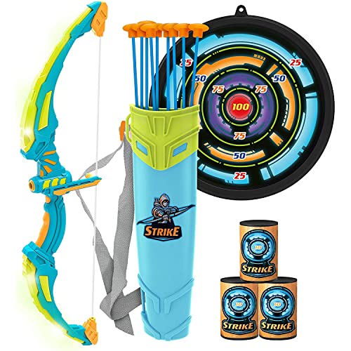 JOYIN Set de Juguete de Arco y Flecha Verde con Luces LED Intermitentes para niños, Juego de Tiro con Arco Iluminado, 9 Flechas con ventosas, dianas y carcaj