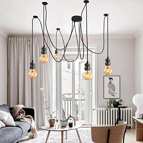 LYMSXAZOU Lámpara Colgante Industrial Vintage con Cable de 2 m y múltiples Luces, portalámparas E27, para Sala de Estar, Cocina, Bar, Estilo Retro Antiguo, Color Negro Perla (5 Luces).