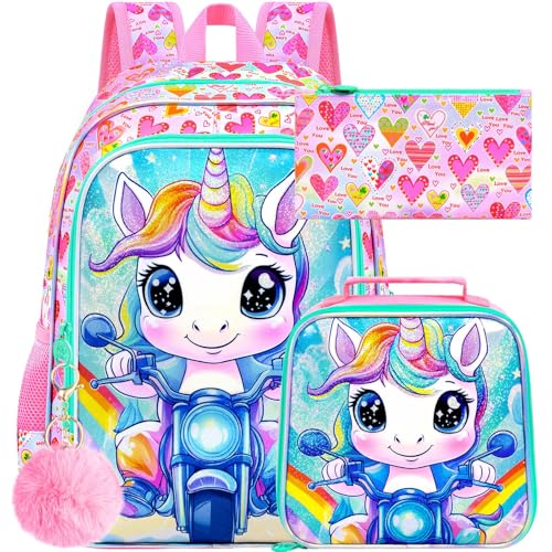 Image of HPJGD 3PCS Unicorn Backpack for Girls, Kids Biker Bookbag Set with Lunch Box, Cute Water Resistant Elementary School Bag for Preschool Toddler - Pink Unicorn Motorcycle