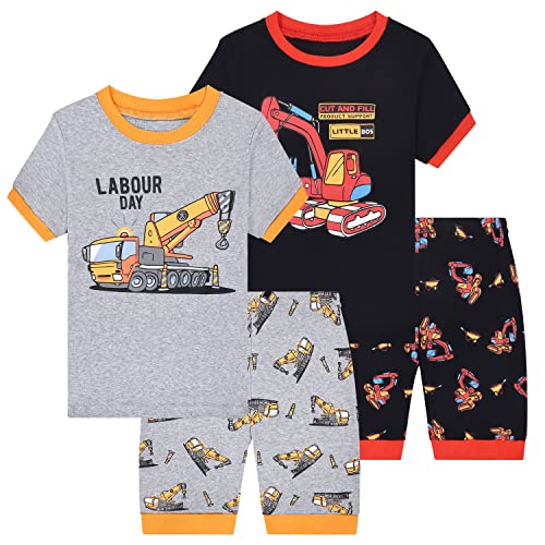 Benaive Pajamas for Boys, Summer Pjs for Boy Cotton Pajama, 4-Piece Children Shorts Set (Digger, Grey & Black, 2T) - image 1