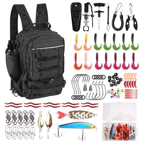 FUNANASUN 117Pcs Fishing Backpack with Tackle Boxes Waterproof Fishing Tool Kit with Pliers Fish Hook Remover Lip Gripper Ideal Gift for Boys Grandsons Husband