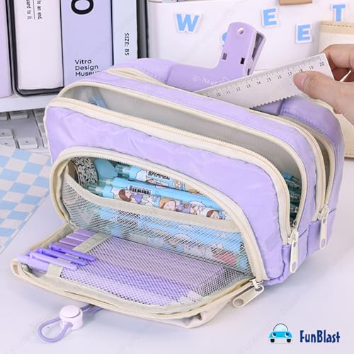 Image of FunBlast Pencil Pouch for Girls, Cute Pencil Case with Multiple Compartments, Aesthetic Stationery Organizer with Drawstring Pocket, Large Capacity Pouch for School, Return Gift for Kids (Purple)