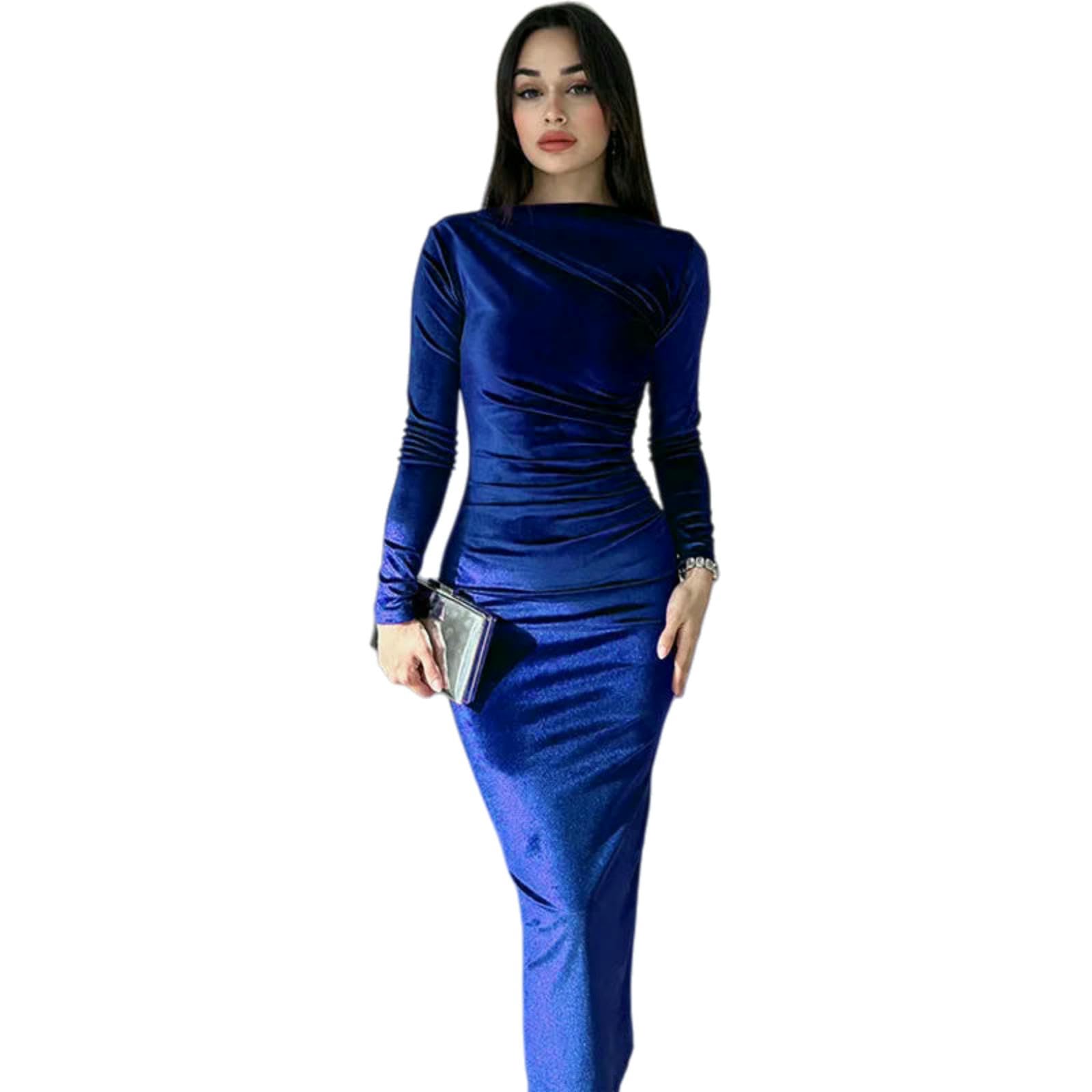 Vestiti a Maniche Lunghe Abito Midi da Donna in Velluto Lunghe, Sera Elegante con Volant per Feste Primaverili, Eventi Formali E Occasioni Speciali-835-blu-l