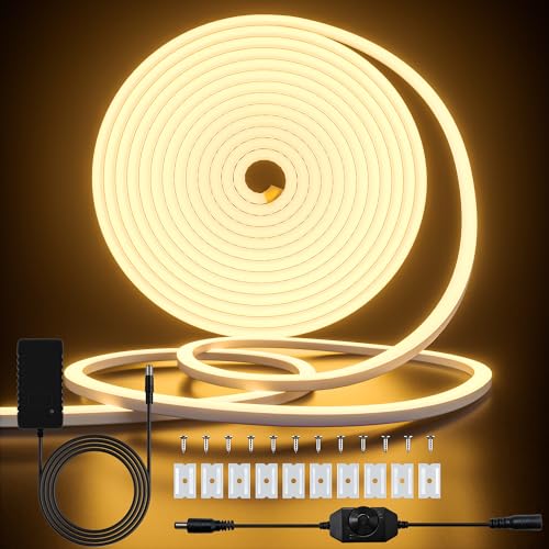 16.4ft Neon LED Strip Light Cozylady Warm White Waterproof Rope Light with Power Supply and Dimmer Controller 5m Flexible DIY Silicone 24V LED Neon Rope Light for Kitchen Indoor Outdoor Decor