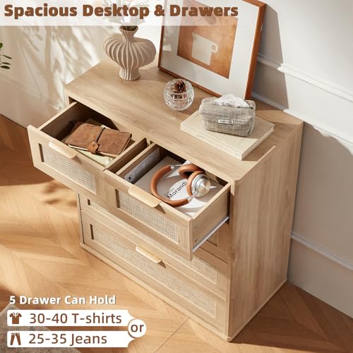 Image of LEYAOYAO Rattan Dresser for Bedroom, 33.5 inch Tall Chest of Drawers, Modern 5 Drawers Boho Dressers with Storage, Light Oak Dresser Wooden Closet Organizer for Living Room, Hallway, Natural Wood