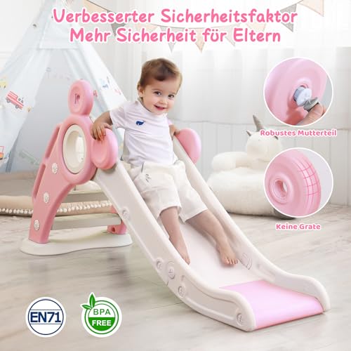 YOLEO Rutsche, Kinder Fun-Slide mit Basketballkorb, Faltbar Kinderrutsche, Gartenrutsche Kleinkinderrutsche für 1-3 Jahre, Indoor & Outdoor Rutschbahn mit Rutschauslauf (Rosa)