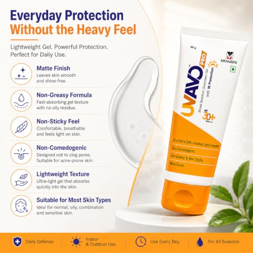 Image of UV-AVO PRO SPF 30+ PA+++ Sunscreen Gel 50g | Broad Spectrum Sun Protection with IR, UVA, UVB & Visible Light Defense | Oil-Free Matte Finish | Non-Comedogenic | Lightweight Daily Sunscreen (SPF 30)