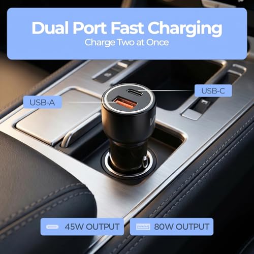 Image of UNIGEN 125W Dual Port Car Charger | 80W + 45W Fast Charging | USB-C & USB-A Car Adapter | Charging Adapter Compatible with Cars for iPhone & Android Smartphone, Smartwatch, Earbud, Power Bank (Black)
