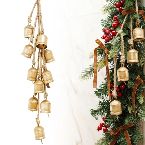 Rustic Golden Christmas Bell Ornaments and Velvet Bows Beautiful Ornament Set of 10 Adds Elegance to Any Modern or Farmhouse Christmas Tree Decor Giftable Vintage Bells w/a Festive Holiday Sound