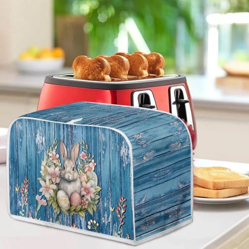 Image of Easter Day Rabbit Floral Kitchen Toaster Dust Cover Bakeware Protector Compatible with 4 Slice Toaster Top Handle Heat-Resistant Dust Protection(Wood Grain Blue,12.4 x 10.6 x 8.2)