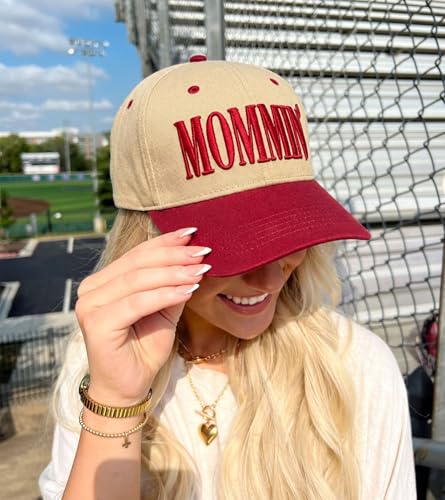 Image of Mommin Trucker Hat for Women, Vintage Two-Tone mom hat with Mommin 3D Embroidery, New Mom Gifts Mothers Day Outfits