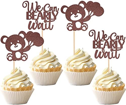 24 PCS We Can Bearly Wait Cupcake Toppers Glitter Balloon Bear Cupcake Picks Baby Shower Cake Decorations for Gender Reveal Theme Baby Shower Kids Birthday Party Supplies Brown