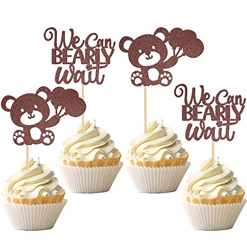 Image of 24 PCS We Can Bearly Wait Cupcake Toppers Glitter Balloon Bear Cupcake Picks Baby Shower Cake Decorations for Gender Reveal Theme Baby Shower Kids Birthday Party Supplies Brown
