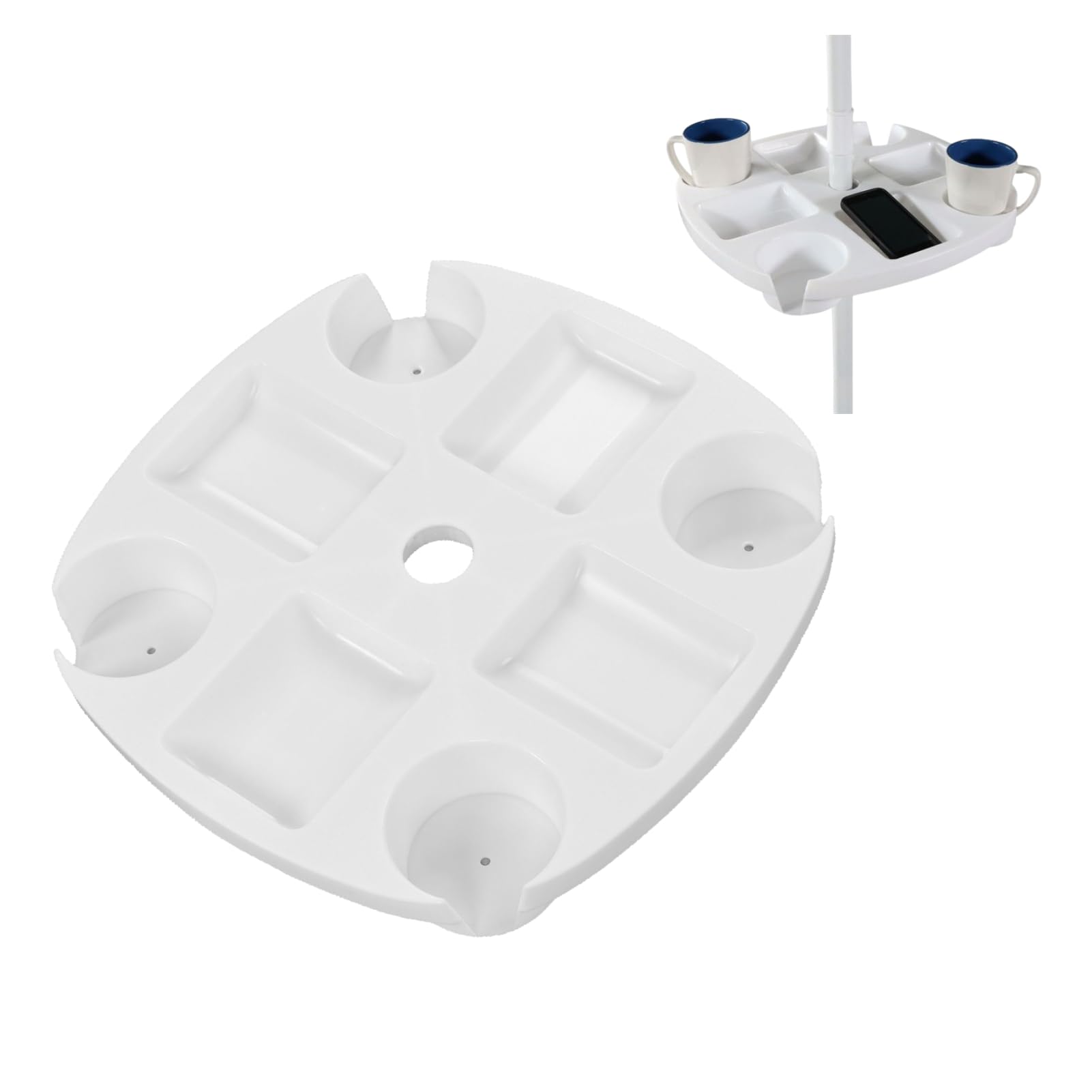 Cyrank Beach Umbrella Table Tray, Beach Umbrella Tray with 4 Cup Holders 4 Snack Compartments Umbrella Table with Hole Beach Cup Holders Drink Holders for Swimming Pool Patio Garden White