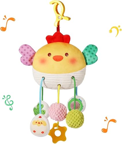 Juguetes colgantes para asiento de coche para bebés de 0 a 6 meses de edad, juguete de cuerda de pollo con arrugado, sonajero, espejo, BB Squeaker -