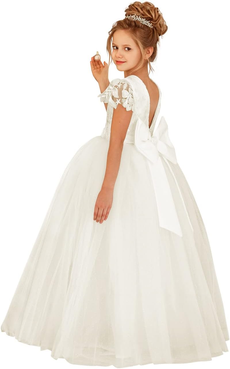 JISISANGFlower Girls Lace Cap Sleeve Dress for Wedding Puffy Tulle Back V-Neck Pageant Prom Ball Gown with Bow