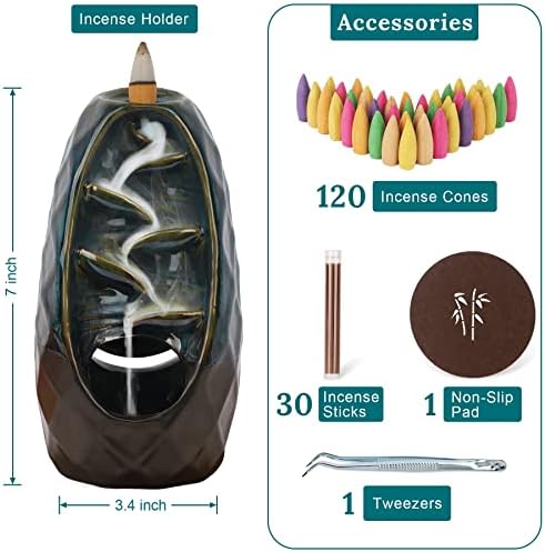 Incense Waterfall-Double Sided Waterfall Incense Burner, Backflow Incense Burners Incense Holder, with 120 Backflow Incense Cones+30 Incense Sticks+1 Mat Aromatherapy, Insencents Waterfall Home Decor