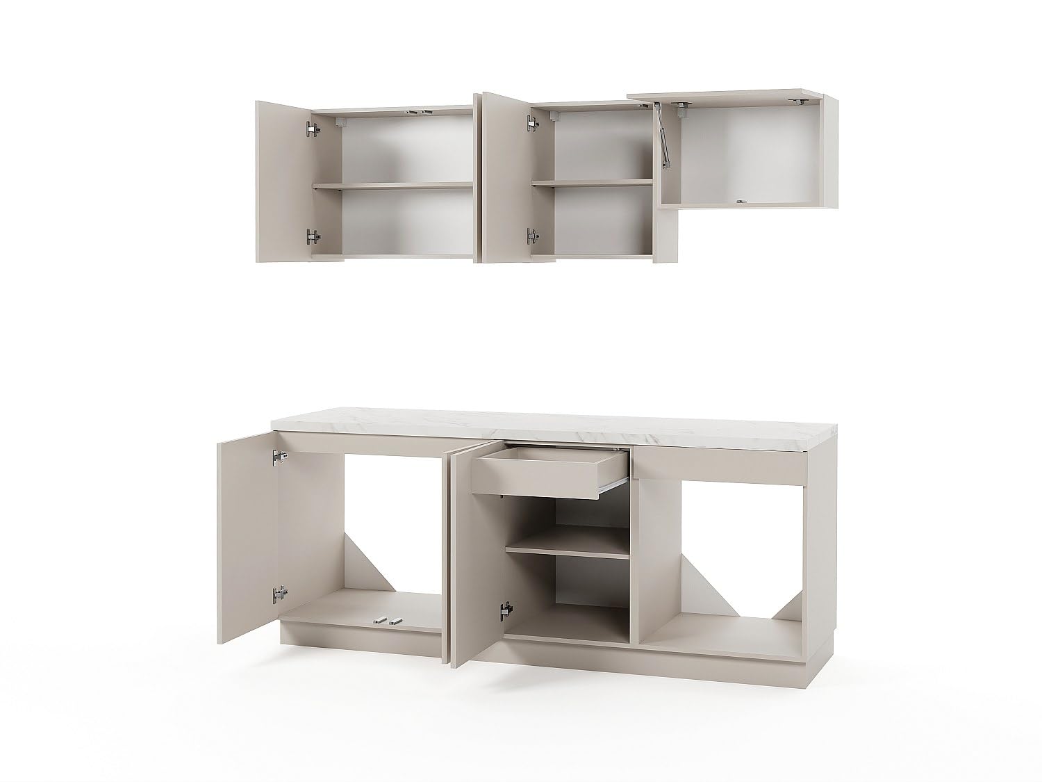 Vente-unique - Komplette Küche – mit Arbeitsplatte 200 cm – Beige und weißer Marmoreffekt – Nalayra