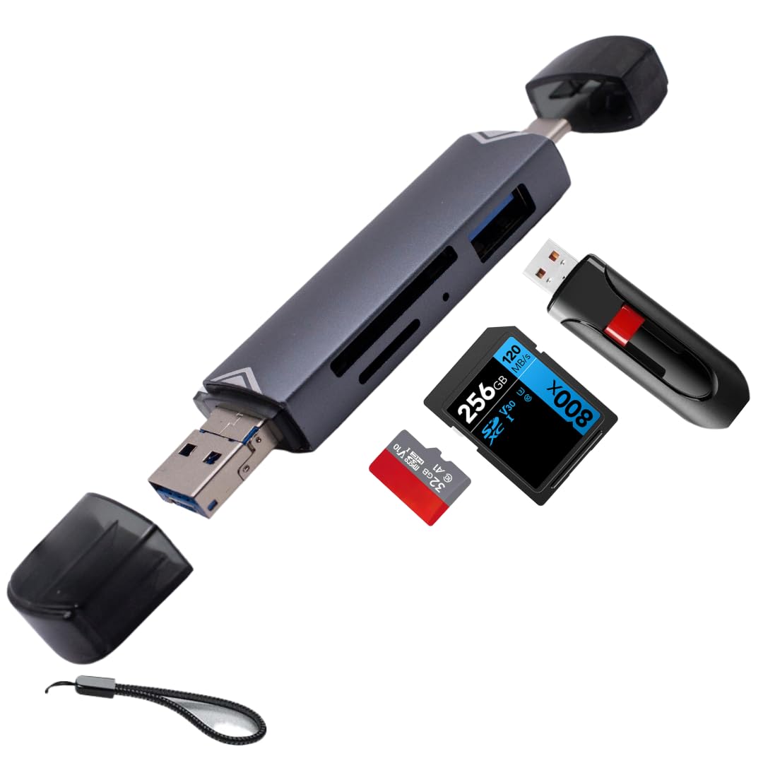pTINKSEnhanced 3-in-1 USB Card Reader. Connectivity for SD, SDHC SDXC, Micro SD, Micro SDHC, Micro SDXC and USB - Compatiable with iPhone 15+ Pad MacBook Samsung S24 (Grey)