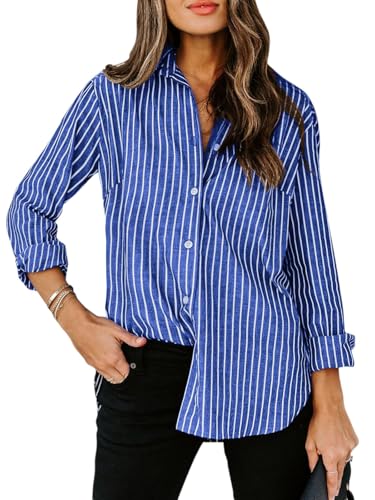 Image of siliteelon Striped Button Down Shirts Women Cotton Long Sleeve Work Blouses