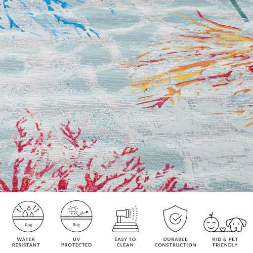 SAFAVIEH Washable Rug Outdoor Barbados Collection - 5'3" Round, Teal & White, Non-Shedding & Easy to Clean, Ideal for Patio, Backyard, Mudroom (BAR535J) - Image 5