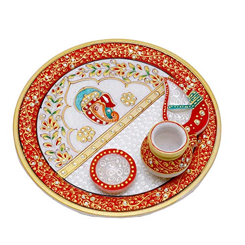 Anjali Arts 9 Inch Designer Decorative Marble Pooja Thali | Round Shape Handicraft Home Decor Puja Plate Set with Printed Ganesha for Home and Office (Multicolor, 23x23x7.5 cm)