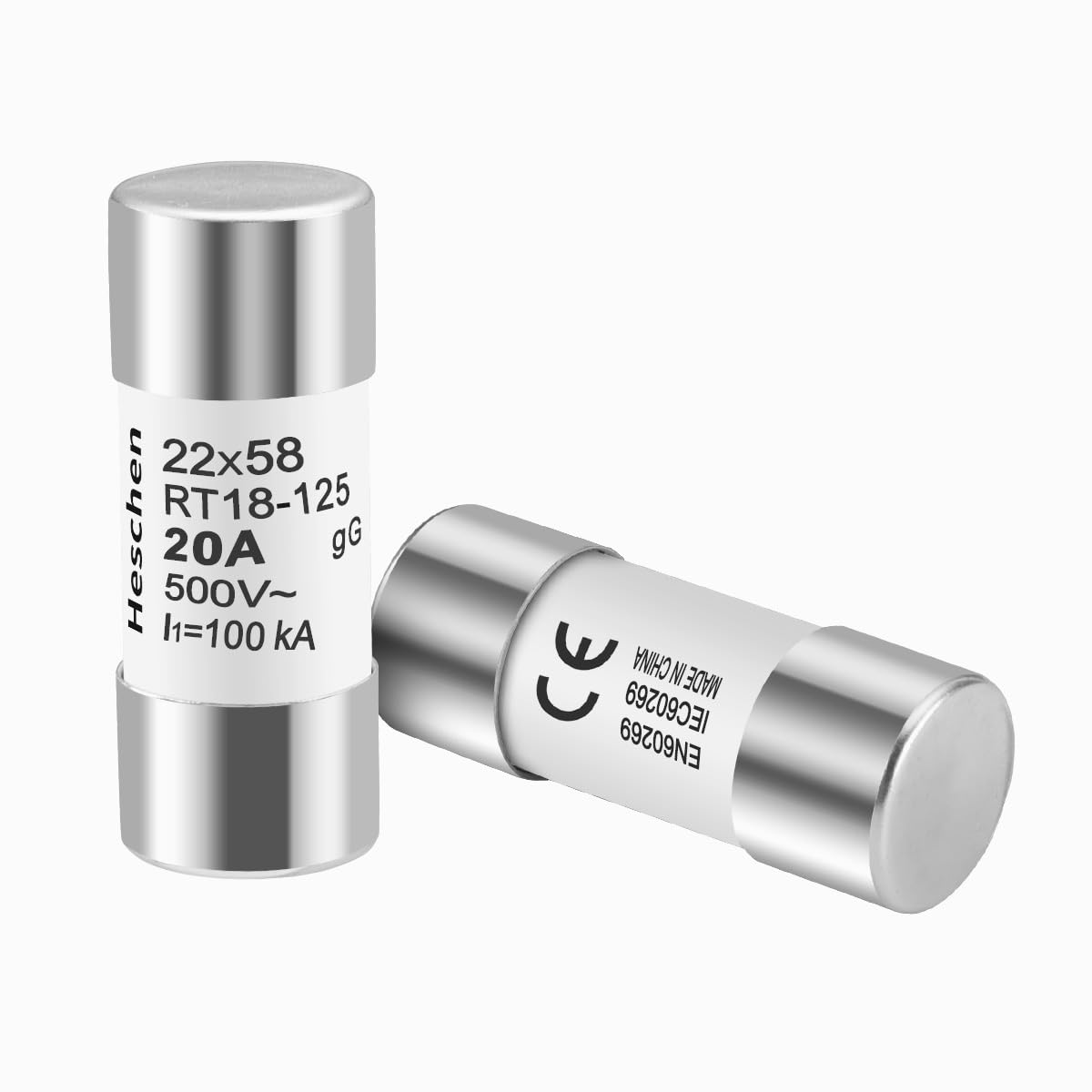 Heschen Cylindrical Ceramic Tube Fuse Link, RT18-125(RO17), 22 * 58mm, 500VAC, gG Type, Pack of 5 (20A), White - Image 2