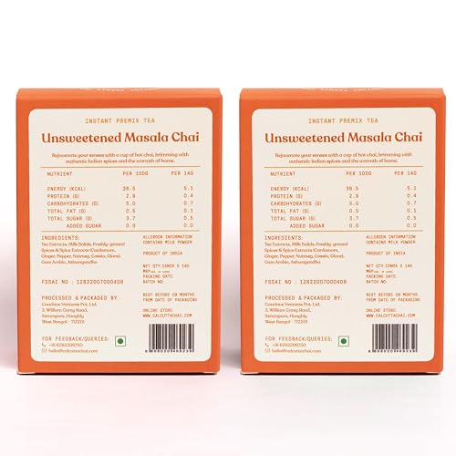 Image of Calcutta Chai Co Unsweetened Masala Chai|Instant Tea Premix|30 Sachets|420 Gram-Pack Of 2|Zero Added Sugar|Made With Assam Tea|Added Natural Spices