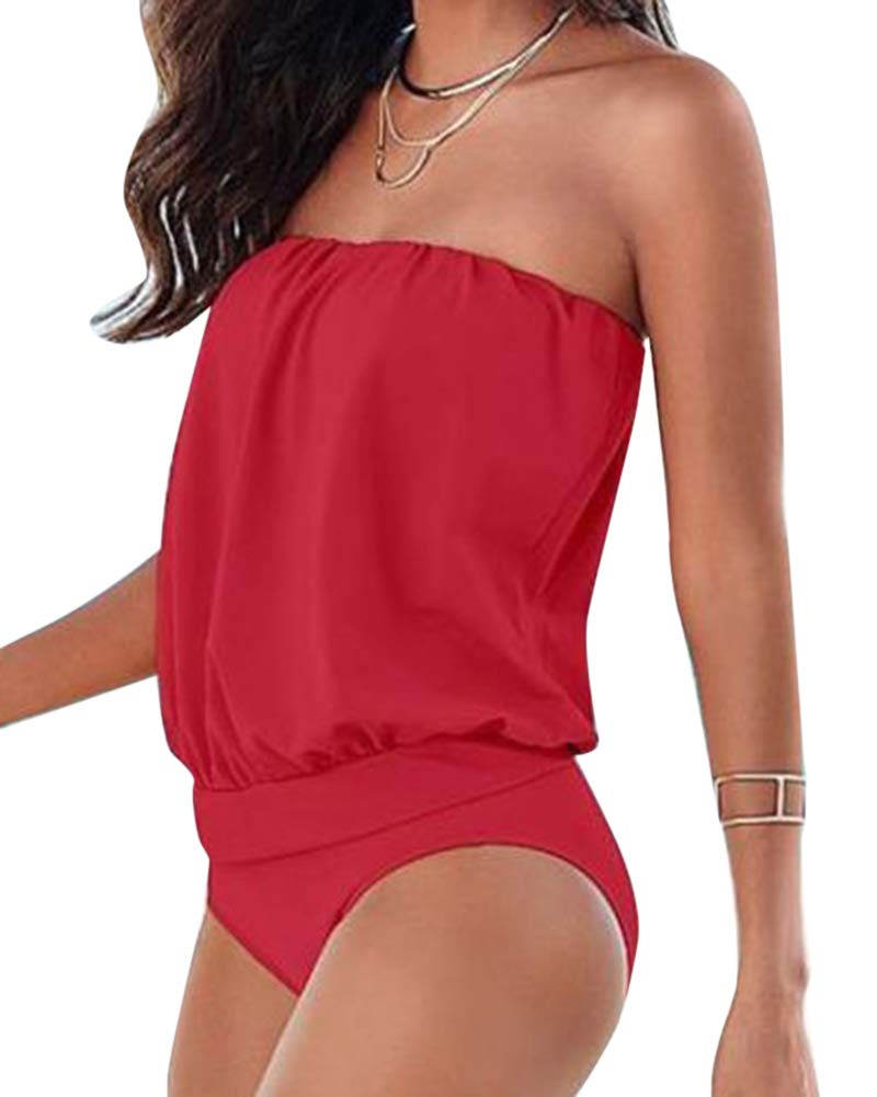 Women One Piece Swimsuit Bandeau Bikini Swimwear Strapless Swimming Costume Red L