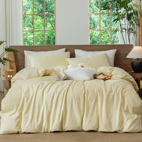 Image of MooMee Striped Duvet Cover Set 100% Washed Cotton Linen Like Queen | Relaxed Linen-like Texture. Soft, Breathable & Long-lasting Comfort. Lightweight. Hidden Zipper with 8 Interior Corner Ties