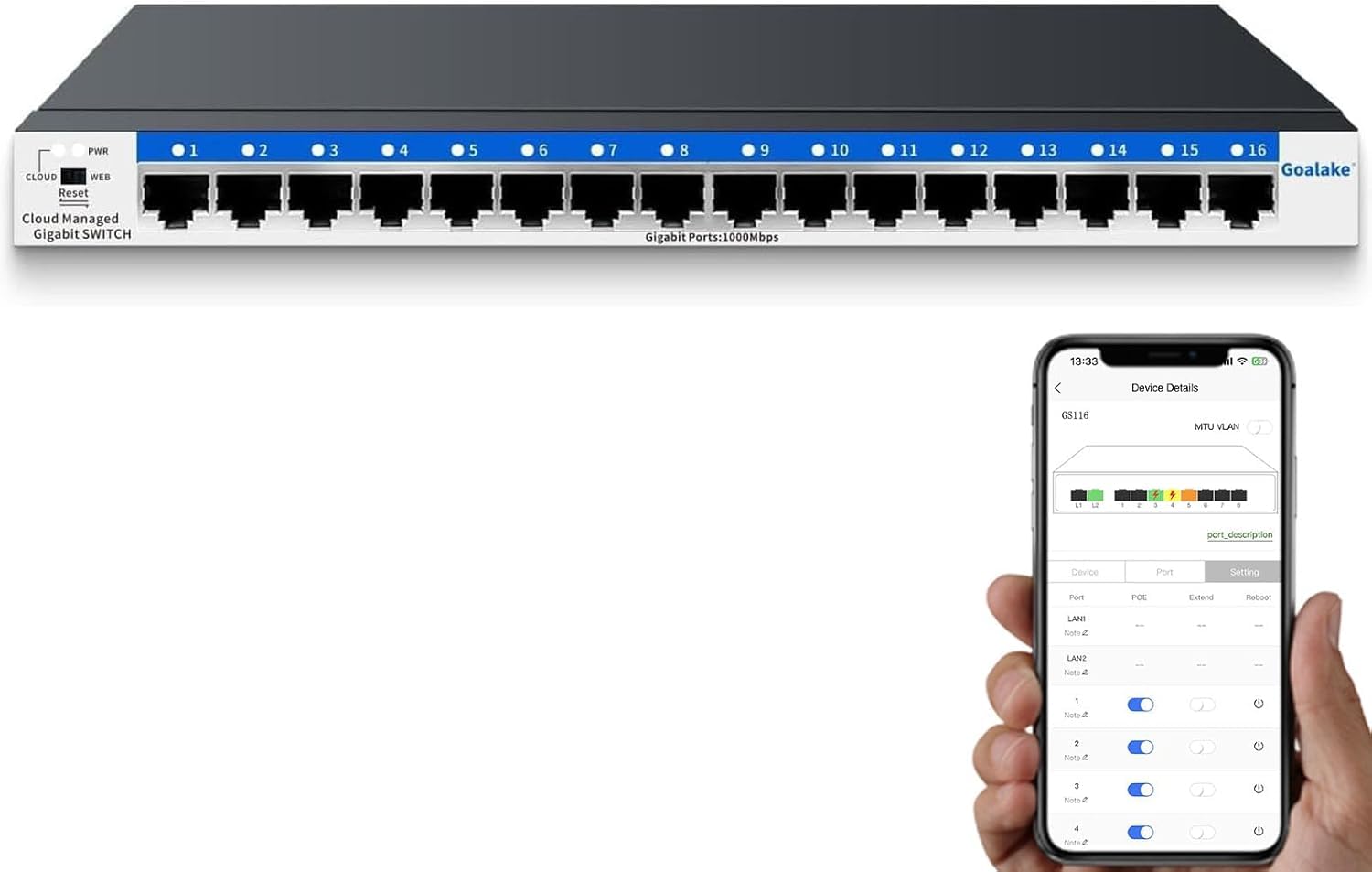 Goalake Interruptor de Red gestionado Gigabit Ethernet de 16 Puertos, conmutador Ethernet, gestión en la Nube, Plug and Play, Funcionamiento silencioso, Montaje en Escritorio o Pared