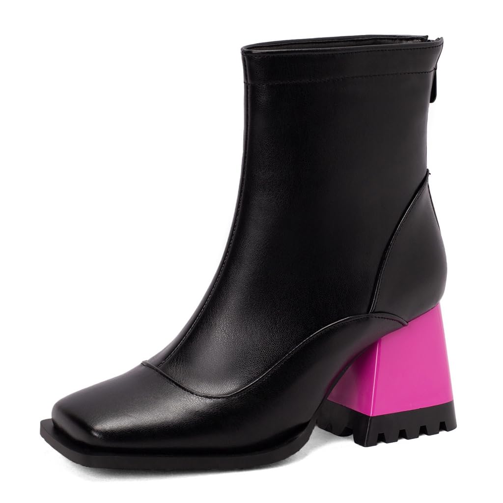 Womens Square Toe Chunky Block High Heel Ankle Boots Back Zipper Fashion Winter Dressy Short Booties