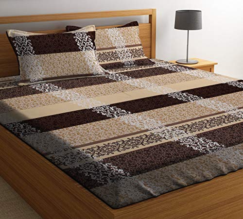 Image of King Size Bedsheet Cotton for Double Bed | Flat - 90x100 Inch, Floral, Soft & Breathable, Fade & Shrink Resistant, 2 Pillow Covers (Beige)