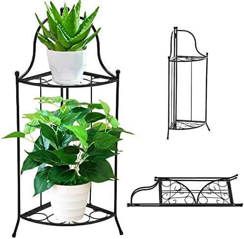 Yolafe Plant Stand 2 Tier Metal Corner Flower Stand Foldable Floor Flower Pot Shelf for Floor Balcony Indoor and Outdoor Living Room,Black