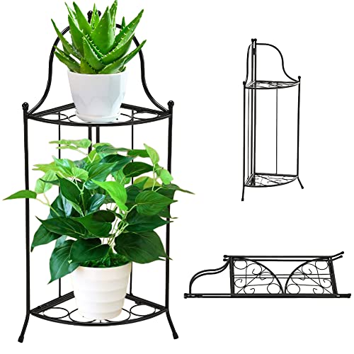 Yolafe Plant Stand 2 Tier Metal Corner Flower Stand Foldable Floor Flower Pot Shelf For Floor Balcony Indoor And Outdoor Living Room,Black #TOP2